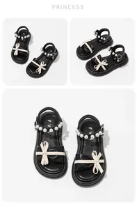 Detail shots of black girls' princess sandals featuring elegant pearl straps and cream bows
