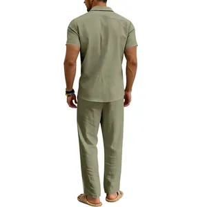Men's summer linen two-piece set featuring a short sleeve shirt and matching long pants