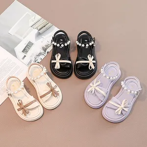 Stylish girls' princess sandals with elegant pearl straps and bow details in three pastel colors