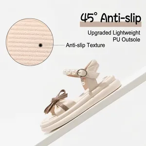 Elegant cream girls princess sandals with bow and pearl strap, soft non-slip PU sole
