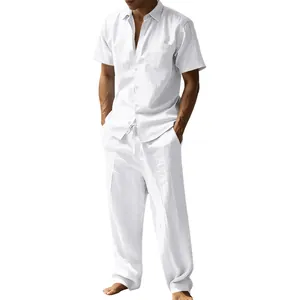 Men's casual white summer linen two-piece set with short sleeve shirt and long pants