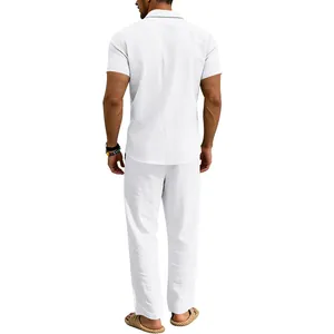 Rear view of a men's summer casual white linen short sleeve shirt and matching pants set