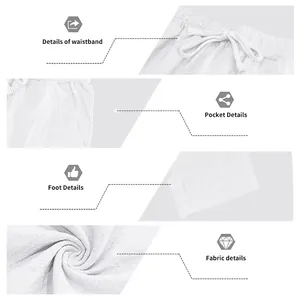 Close-up details of white linen trousers showing waistband, pocket and fabric
