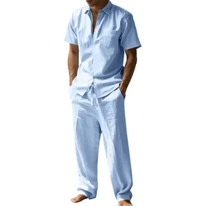 Light blue linen short sleeve shirt and trousers two-piece set for men's casual wear