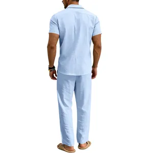 Back view of men's casual light blue linen short sleeve shirt and trouser lounge set