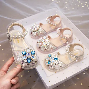 Girls Princess Sandals Sparkling Rhinestone Flower Artificial Pearl Strap Closed Toe Wedding Party Dress Shoes For Kids