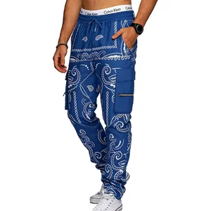 Detailed view of men's blue paisley cargo pants featuring a loose high street hip-hop style
