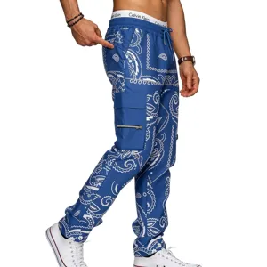 Blaue Paisley-Cargohose für Herren im High-Street-Hip-Hop-Stil mit Seitentaschen
