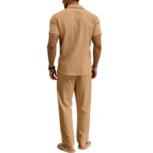 Back view of a men's khaki linen shirt and long pants set with a relaxed summer fit.