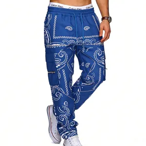 Blue paisley bandana print cargo pants for men with multi-pocket streetwear style
