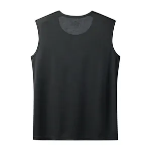 Detail view of men's sleeveless quick-dry sports tank top in solid black with round neck