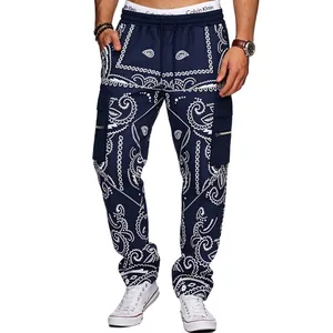 Detailed view of men's navy paisley cargo pants in a loose tapered hip-hop style