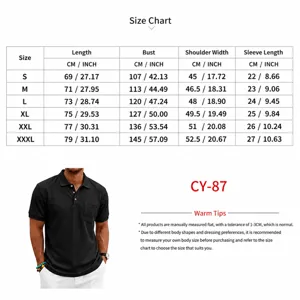 Size chart for men's black waffle knit polo shirt with detailed measurements.