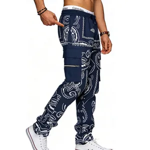 Men's navy blue paisley print cargo pants featuring multi-pocket and zipper design details