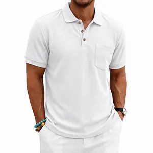White waffle knit polo shirt for men featuring a chest pocket and textured fabric