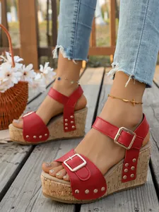 Red leather wedge sandals with buckle straps and rivet details for women's summer fashion