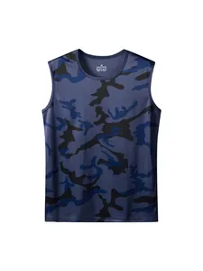 Men's blue camouflage quick-dry sleeveless sport tank top for gym and running workouts