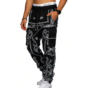 Men's hip-hop cargo pants with black and white paisley pattern and side pockets