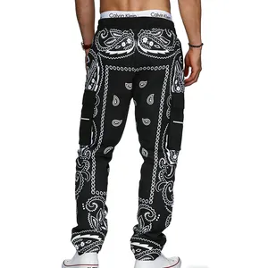 Rear view of men's streetwear cargo pants with black paisley print and side pockets
