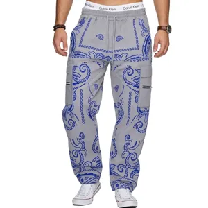 Nahaufnahme des blauen Paisley-Musters auf grauem Stoff der Streetwear-Cargo-Hose.