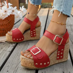 Women Peep Toe Wedge Sandals Platform Buckle Strap Rivet Summer Shoes High Heel PU Leather Stitching Casual Roman Sandals