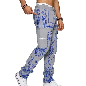Men's streetwear grey paisley cargo pants featuring multi-pockets and a tapered fit design