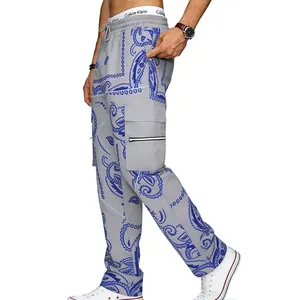 Grey men's cargo pants featuring blue paisley print and multi-pockets for hip hop style.