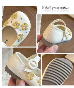 Detailed close-ups showing embroidery and sole of girls' white floral princess shoes