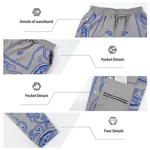 Detailed views of paisley cargo pants showing waistband, pockets, and leg cuffs