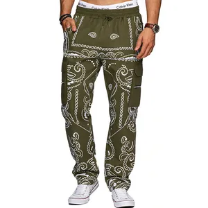 Olive green paisley cargo pants for men featuring a hip-hop high-streetwear style.