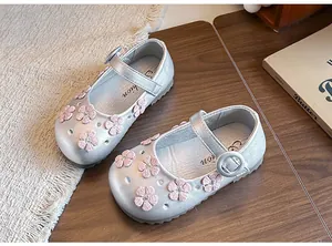 Elegant silver floral girls princess shoes with pink embroidery and pearl detail accents