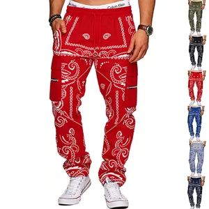 Men High Street Hip Hop Cargo Pants Paisley Printed Loose Tapered Multi Pocket Casual American West Coast Fashion Bottoms