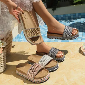 Sandalias Slide de Plataforma de Verano para Mujer Diamantes de Imitación Perla Artificial Suela Gruesa Casual Playa Aire Libre Moda Fiesta Pantuflas