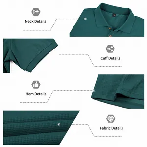 Detail views of men's waffle polo shirt showing neck, cuff, hem and fabric texture