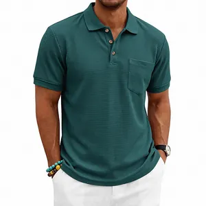 Detail view of men's waffle-knit polo shirt showing textured fabric and chest pocket.
