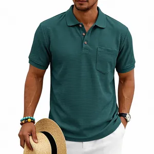 Detailed view of men's dark teal waffle-knit polo shirt showing heavy textured fabric