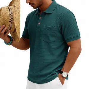 Close-up of men's dark teal waffle knit polo shirt showing pocket and texture