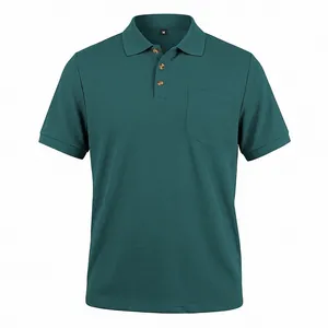 Detail view of men's waffle knit polo shirt in dark green showing collar and chest pocket