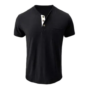 Men's slim fit black Henley short sleeve T-shirt with white button placket and chest pocket