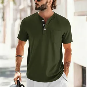 Detail view of olive green men's slim fit short sleeve Henley shirt with chest pocket