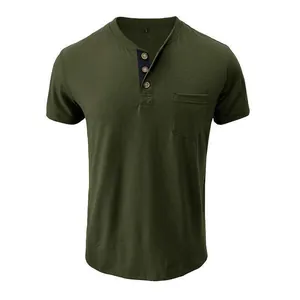 Close-up detail of olive green men's Henley t-shirt featuring pocket and buttons