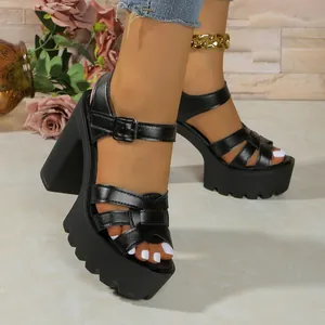 Women's Platform Roman Sandals Peep Toe Chunky High Heel Buckle Strap Summer Black Synthetic Leather Sandals 11cm Heel