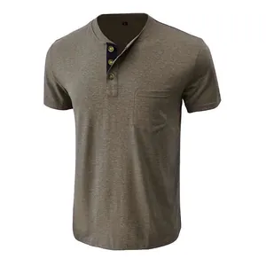 Olive green men's slim fit Henley t-shirt with classic chest pocket and buttons