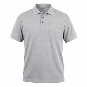 Detail view of grey waffle knit polo shirt with texture and chest pocket