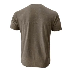 Back view of a men's slim fit heathered brown short sleeve T-shirt with soft texture.