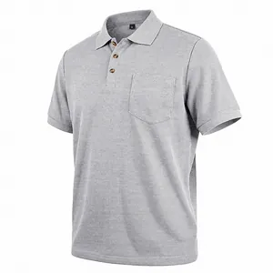 Detailed macro view showing the textured waffle knit fabric of a gray men's Polo shirt