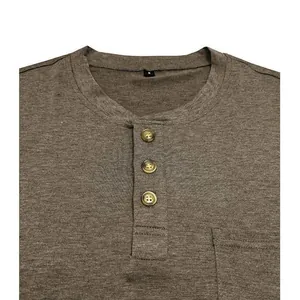 Close-up detail of a men's slim fit henley t-shirt with three-button placket and pocket