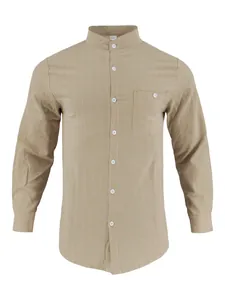 Camisa de lino para hombre en color beige con rayas verticales, cuello mao y bolsillo