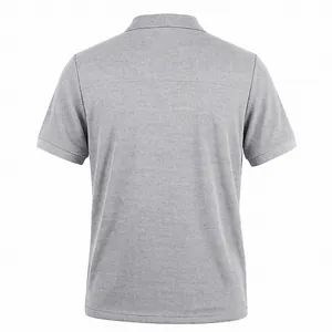 Back view of a premium grey waffle knit polo shirt showing textured fabric detail