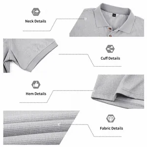 Detailed views of gray waffle knit men's polo shirt showing fabric texture and finish